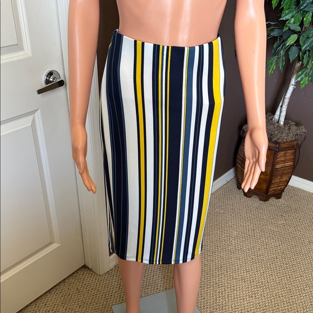 Striped Navy, White & Yellow Pencil Skirt
